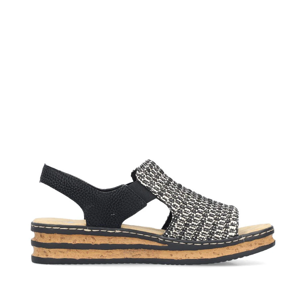 Rieker 62971-00 Low Wedge Sandal in Multi Black & Sand - Image 2