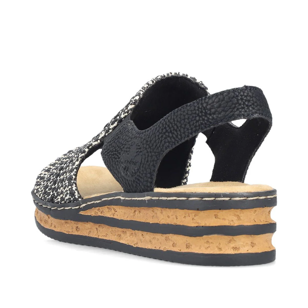 Rieker 62971-00 Low Wedge Sandal in Multi Black & Sand - Image 3
