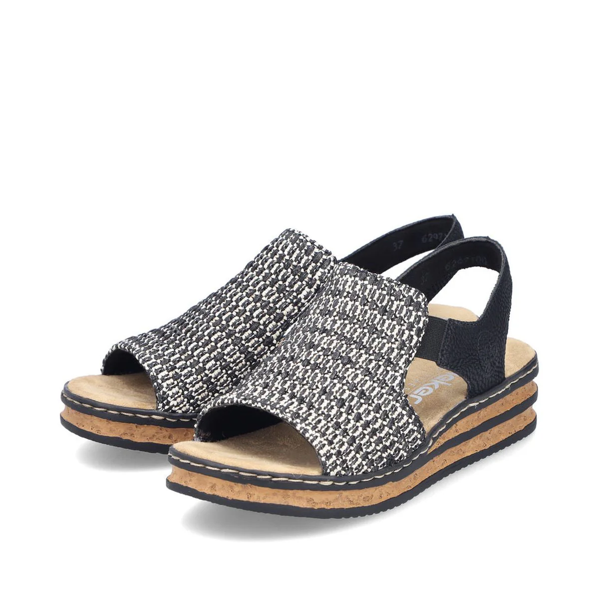 Rieker 62971-00 Low Wedge Sandal in Multi Black & Sand - Image 5