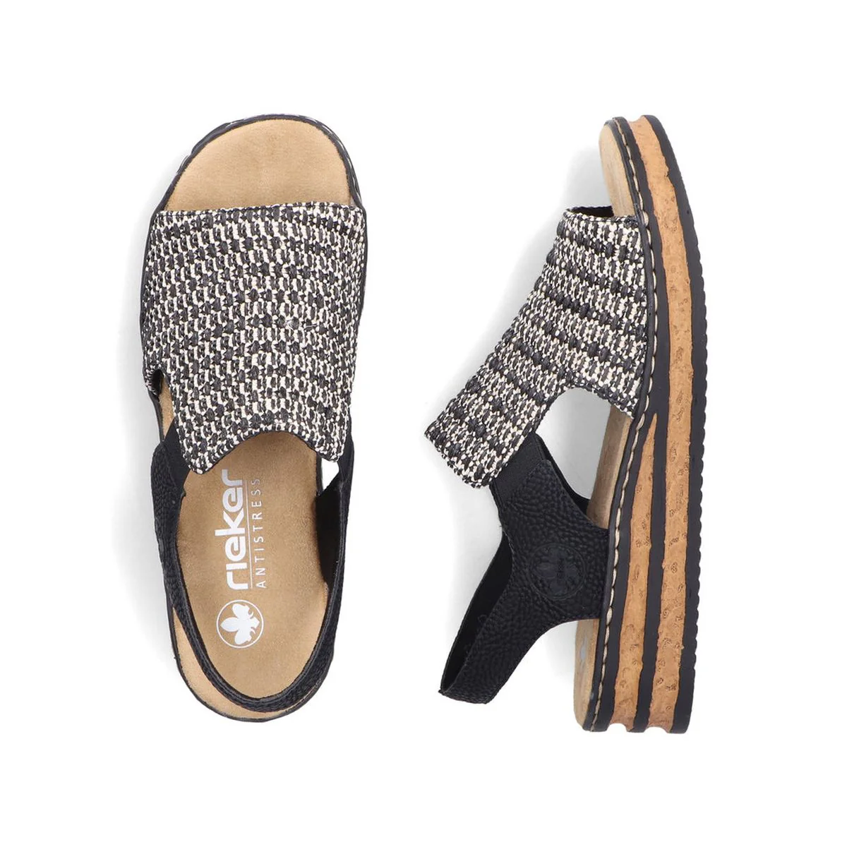 Rieker 62971-00 Low Wedge Sandal in Multi Black & Sand - Image 6