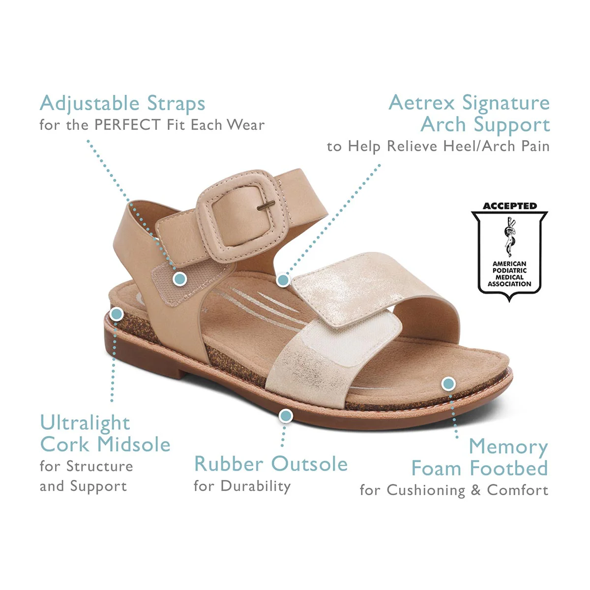 Aetrex Claire Women's Adjustable Strap Sandal in Champagne - Image 5